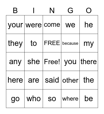 Sight Words Bingo Card