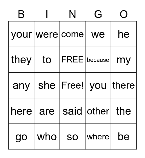 Sight Words Bingo Card