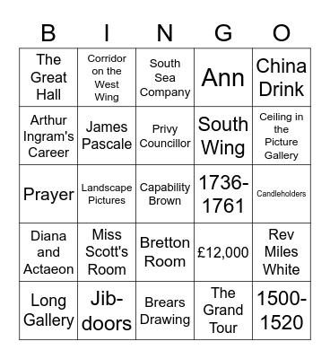 Temple Newsam Bingo Card