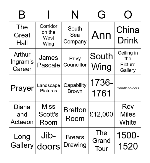 Temple Newsam Bingo Card