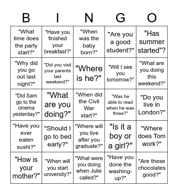 Direct Speech vs Reported Speech (Questions) Bingo Card
