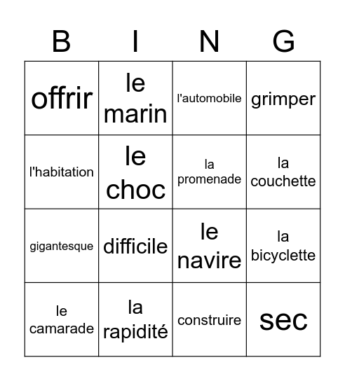 Bingo des synonymes Bingo Card