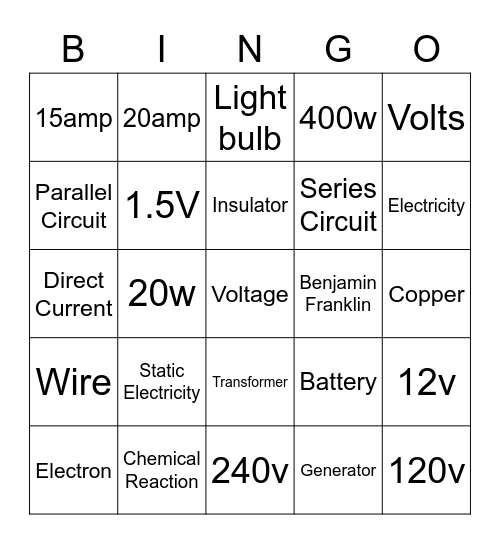 Saylor Electricity! Bingo Card