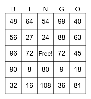 Multiplication Facts 8's & 9's Bingo Card