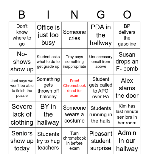 Last Day of Class Bingo Card