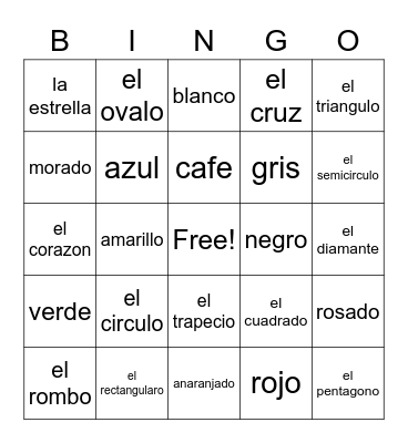los colores y las formas Bingo Card