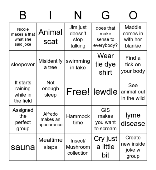 Summer Camp Bingo Card