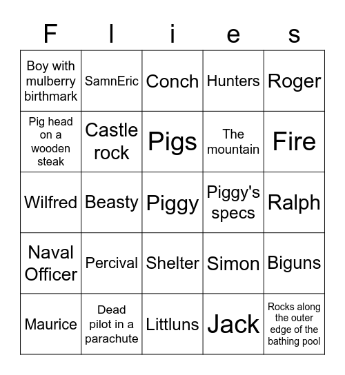 Lord of the flies Bingo Card