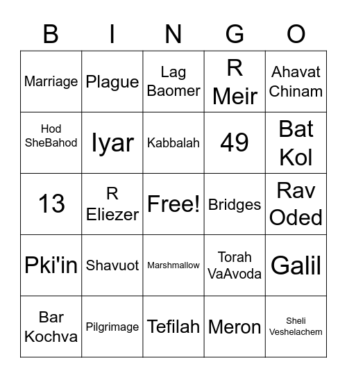 Lag Baomer Bingo Card