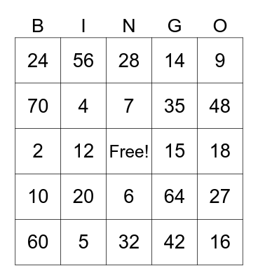 Multiplication Facts Bingo Card