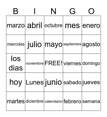 Spanish Days and Months Bingo Card