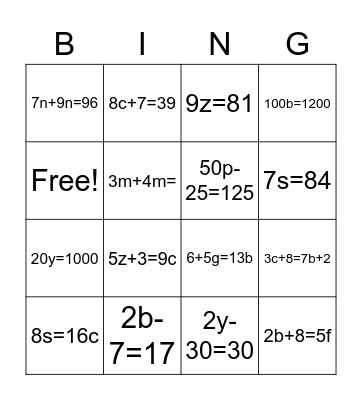 Algebra bing Bingo Card