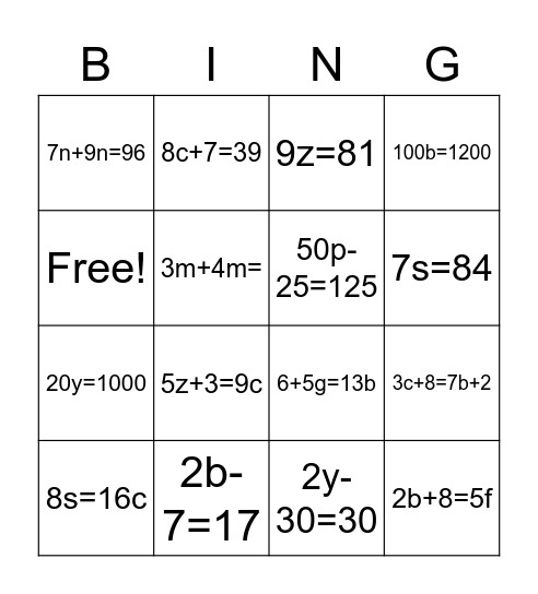 Algebra bing Bingo Card