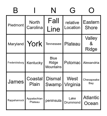 VA Geography Bingo Card