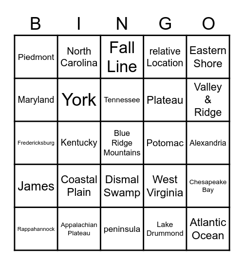 VA Geography Bingo Card