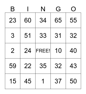 Number Bingo Card