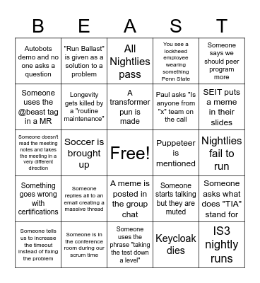 BEAST Bingo Card