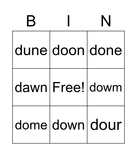 D-Starting Words Bingo Card