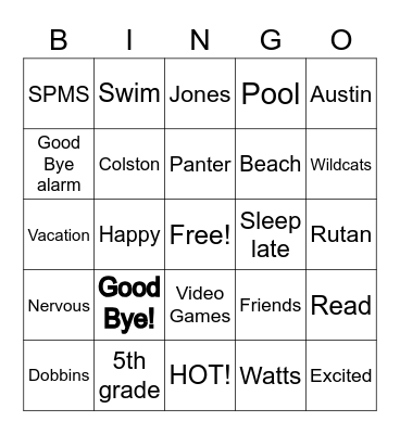 Summer Break Bingo Card