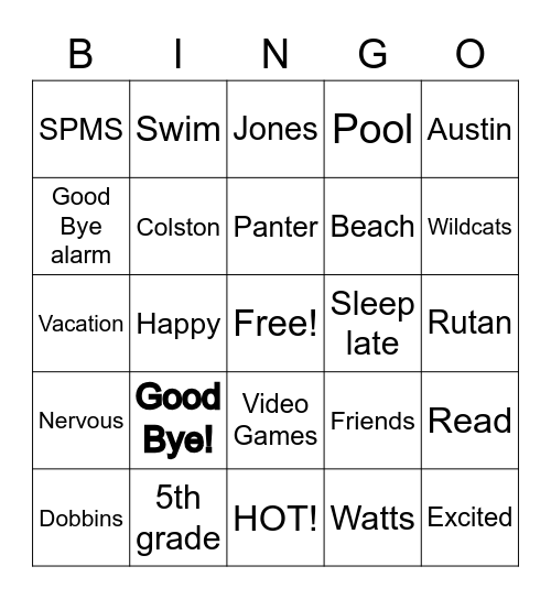 Summer Break Bingo Card