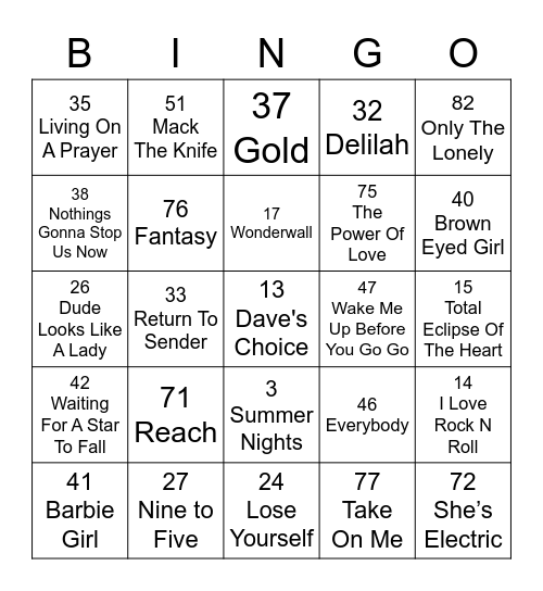 Hot Spot Karaoke Bingo Card