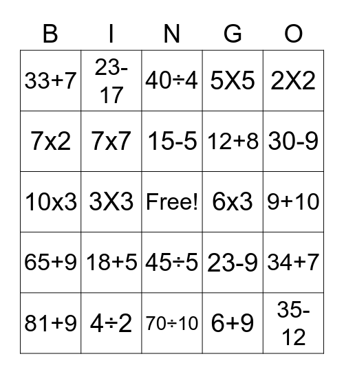 MATH FACT BINGO Card