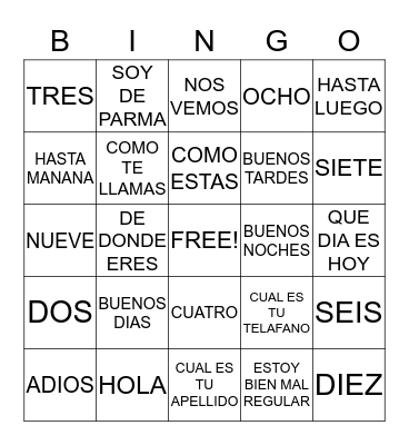 SPANISH BINGO Card