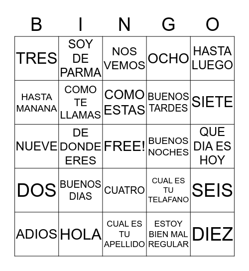 SPANISH BINGO Card