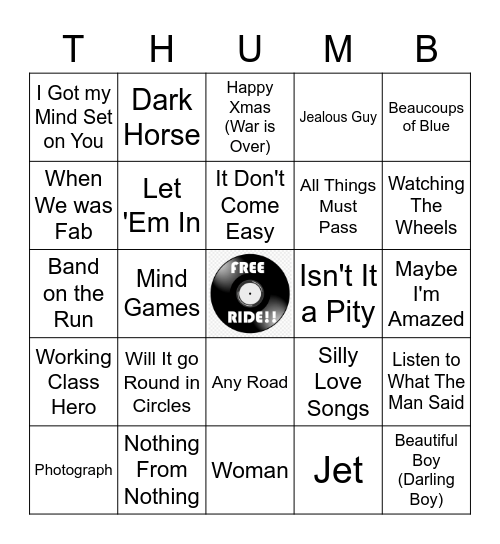 Life After The Beatles Bingo Card