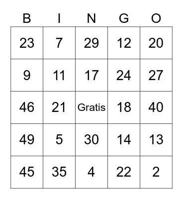 1-50 numeros Bingo Card