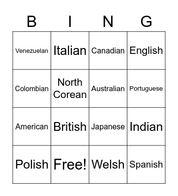 Nationalities BINGO Card