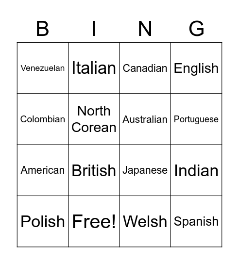 Nationalities BINGO Card