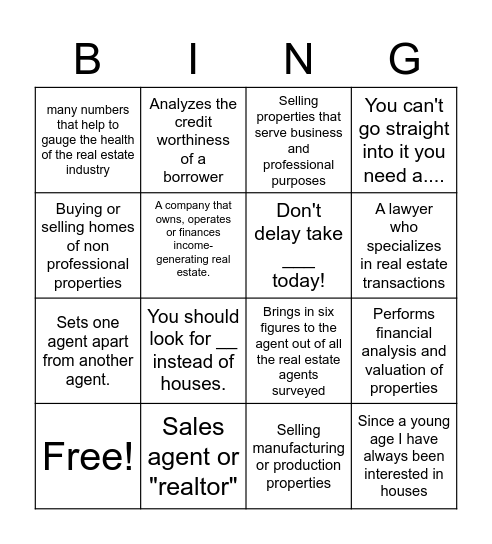 Real Estate Bingo Card