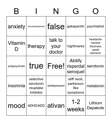 Medication Education Bingo Card