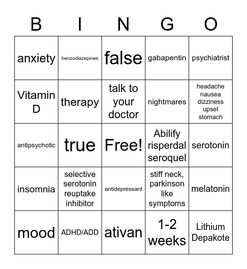 Medication Education Bingo Card