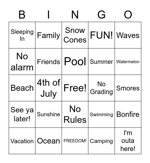 Primary Last Week of School Bingo Card