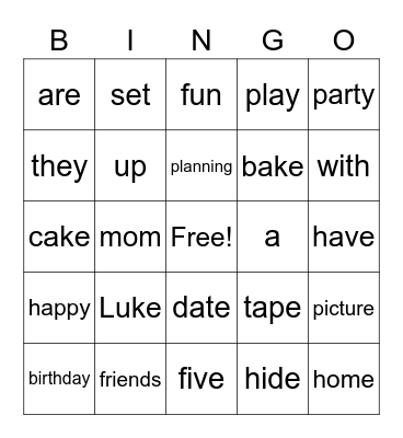 GK U10 W1 A GOOD TIME FOR LUKE Bingo Card
