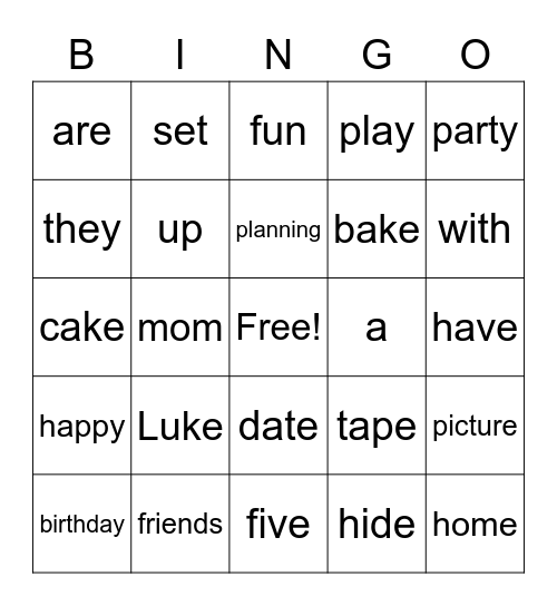 GK U10 W1 A GOOD TIME FOR LUKE Bingo Card