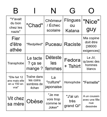 Incel Bingo Card