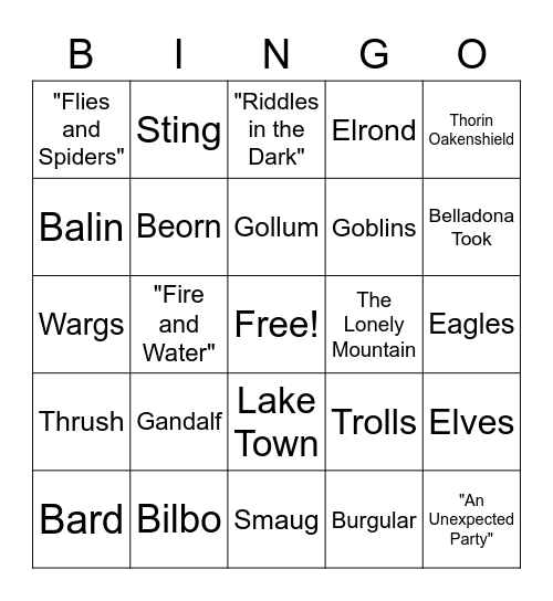 The Hobbit Bingo Card