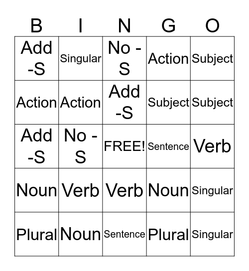 Subject-Verb Agreement Bingo Card