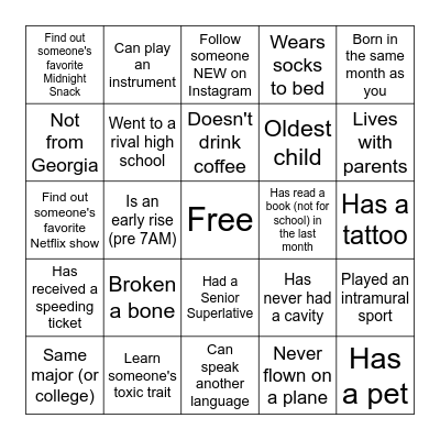 Intern Bingo Card