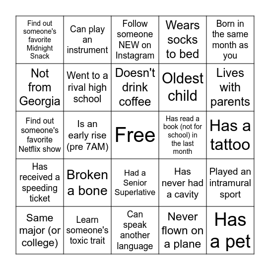 Intern Bingo Card