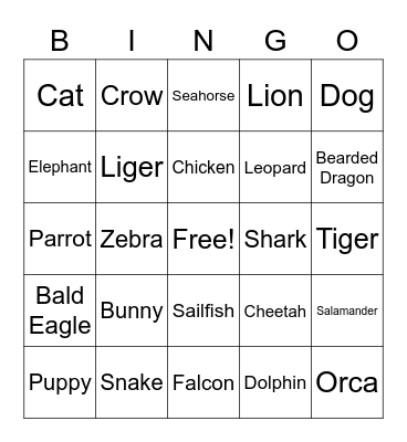 Animal Bingo Card