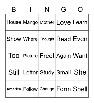 Thursday Bingo Card