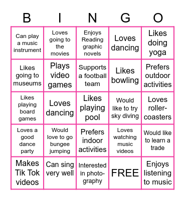 Interests & Hobbies Bingo Card