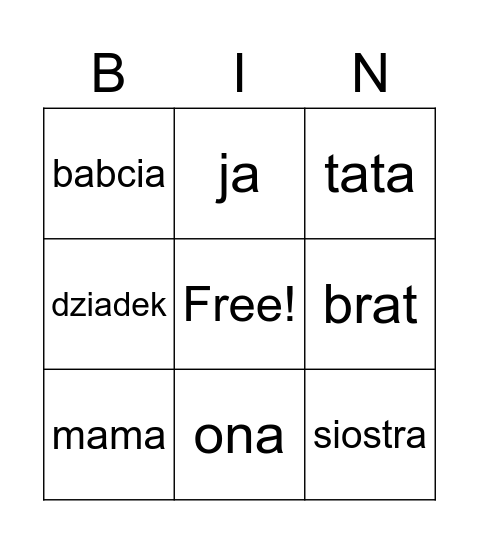 Rodzina Bingo Card