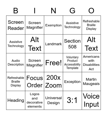 Accessibility Lingo Bingo Card
