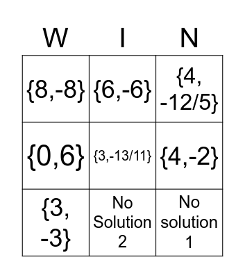 Absolute Value Bingo Card