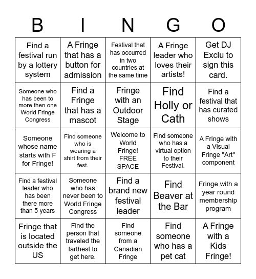 World Fringe Bingo! Bingo Card